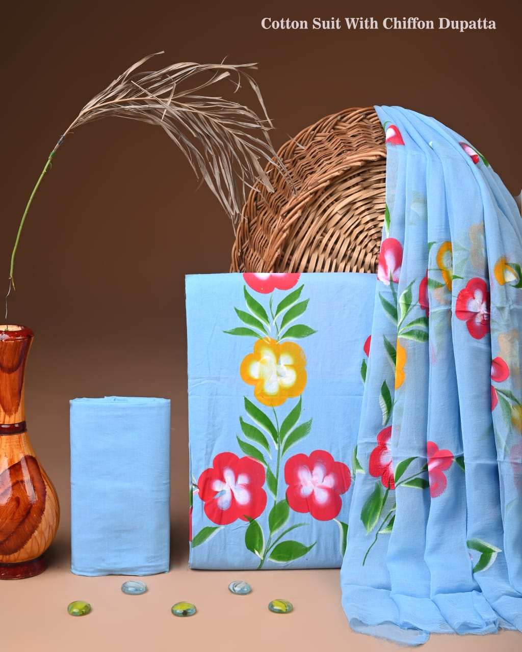 Traditional Bagru Print Cotton Suit with Chiffon Dupatta (BCTCOTCF26)