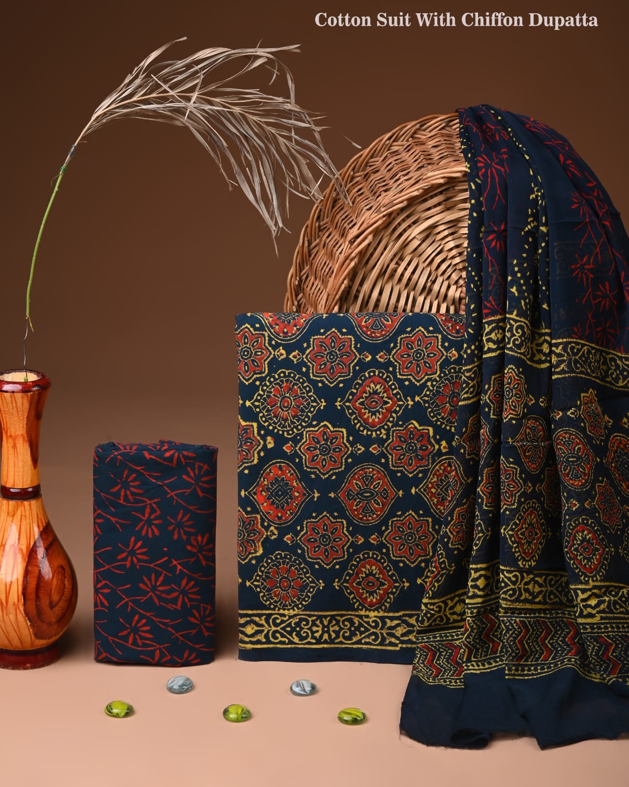 Traditional Bagru Print Cotton Suit with Chiffon Dupatta (BCTCOTCF20)