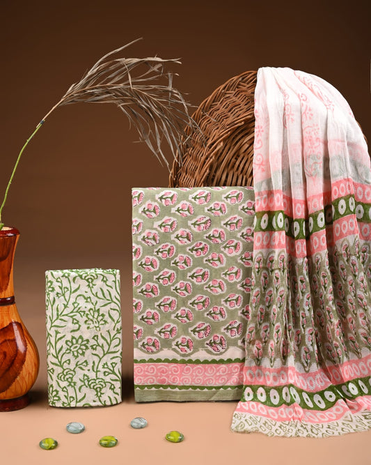 Traditional Bagru Print Cotton Suit with Chiffon Dupatta (BCTCOTCF23)