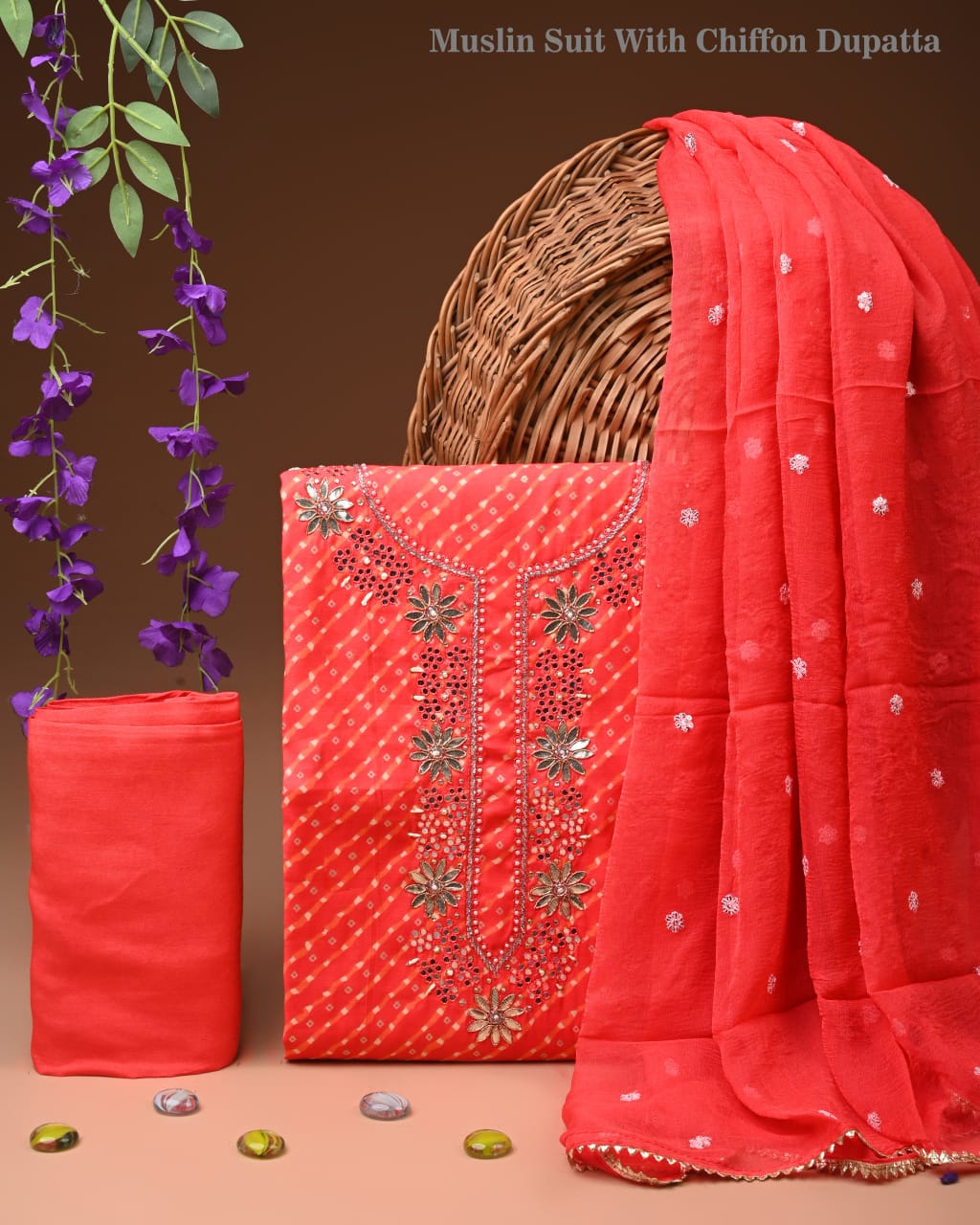 Premium Cotton Suit Set with Multicolor Neck & Zari Chiffon Dupatta (BCTCOTCFG08)