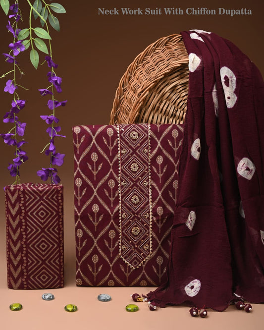 Premium Cotton Suit Set with Multicolor Neck & Zari Chiffon Dupatta (BCTCOTCFG09)