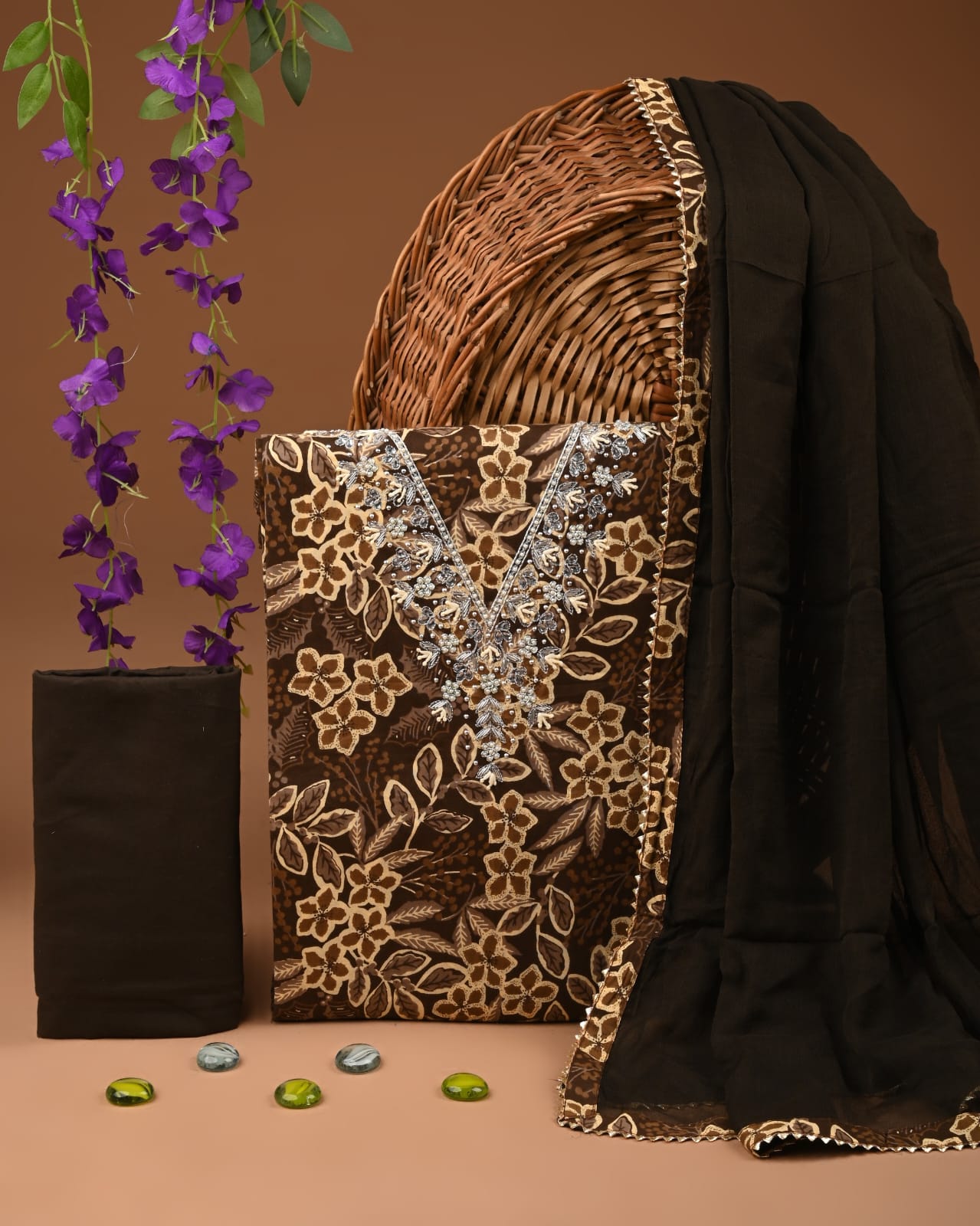 Premium Cotton Suit Set with Multicolor Neck & Zari Chiffon Dupatta (BCTCOTCFG34)