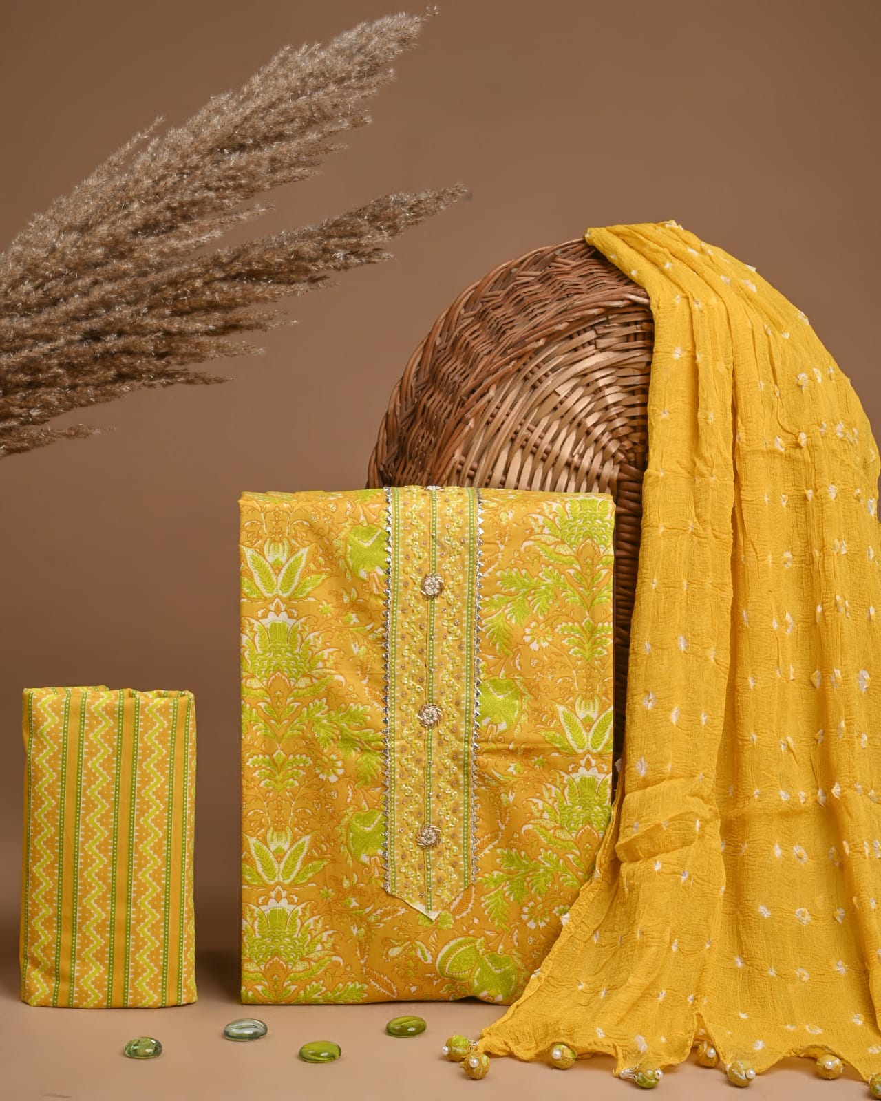 Premium Cotton Suit Set with Multicolor Neck & Zari Chiffon Dupatta (BCTCOTCFG48)