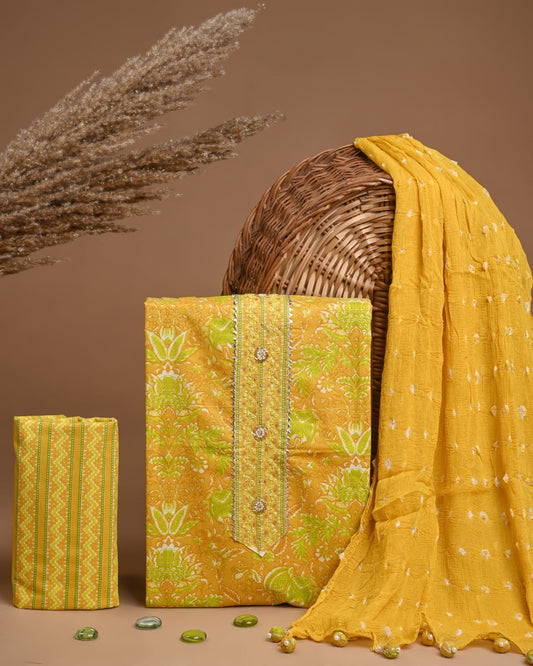Premium Cotton Suit Set with Multicolor Neck & Zari Chiffon Dupatta (BCTCOTCFG48)