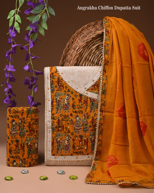 Premium Cotton Suit Set with Multicolor Neck & Zari Chiffon Dupatta (BCTCOTCFG11)