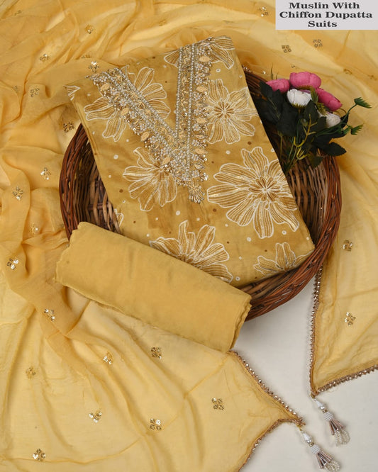 Premium Muslin Suit with Jardozi Neck & Chiffon/Modal Silk Dupatta (BCTMSCFG03)