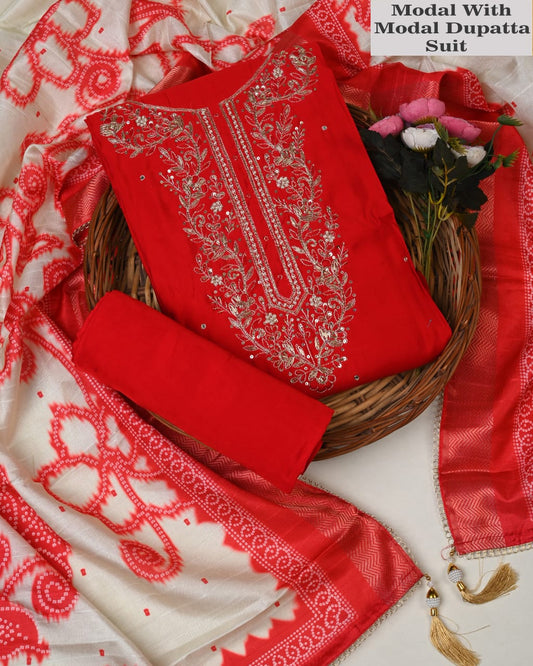 Premium Muslin Suit with Jardozi Neck & Chiffon/Modal Silk Dupatta (BCTMSCFG04)
