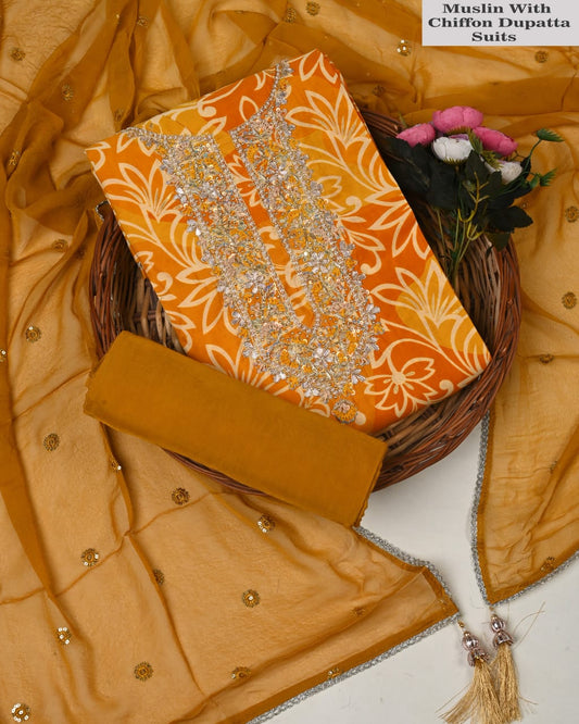 Premium Muslin Suit with Jardozi Neck & Chiffon/Modal Silk Dupatta (BCTMSCFG06)