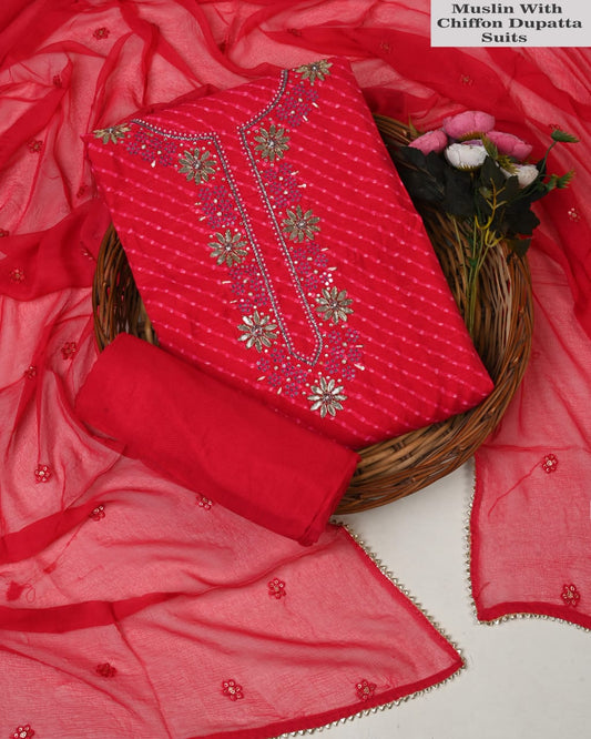 Premium Muslin Suit with Jardozi Neck & Chiffon/Modal Silk Dupatta (BCTMSCFG07)