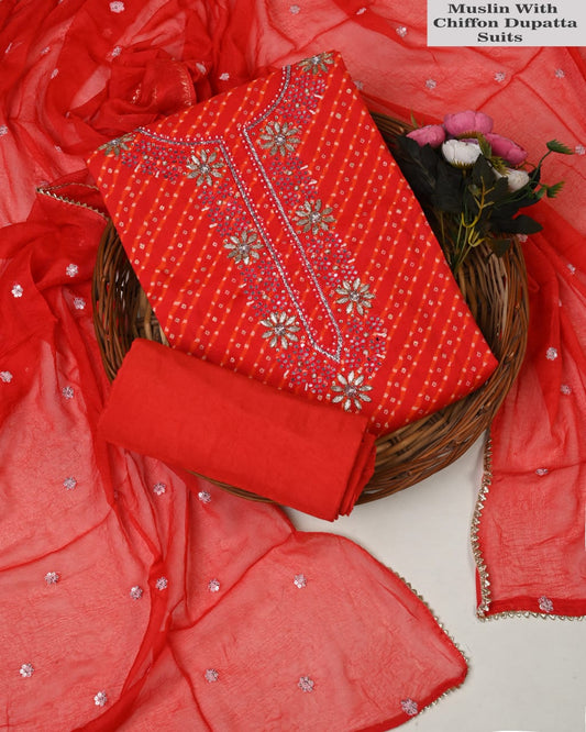 Premium Muslin Suit with Jardozi Neck & Chiffon/Modal Silk Dupatta (BCTMSCFG08)