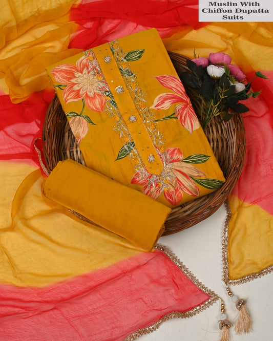 Premium Muslin Suit with Jardozi Neck & Chiffon/Modal Silk Dupatta (BCTMSCFG16)
