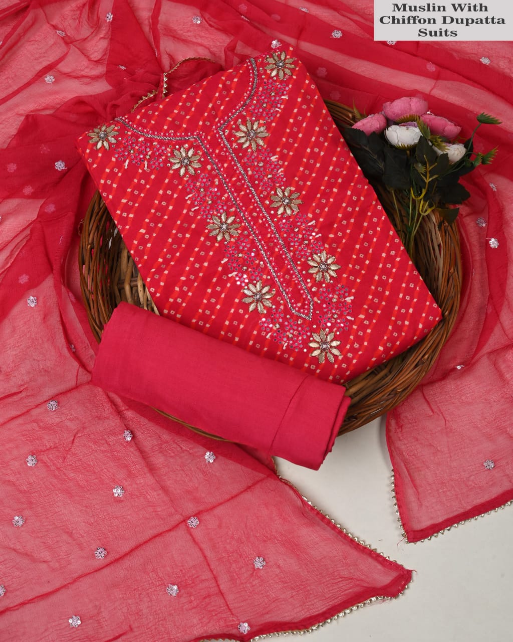 Premium Muslin Suit with Jardozi Neck & Chiffon/Modal Silk Dupatta (BCTMSCFG17)