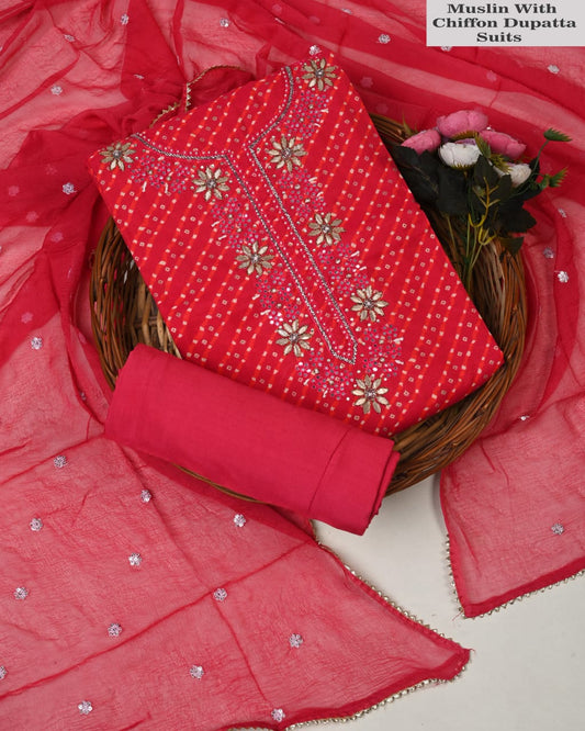 Premium Muslin Suit with Jardozi Neck & Chiffon/Modal Silk Dupatta (BCTMSCFG17)