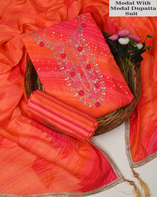 Premium Muslin Suit with Jardozi Neck & Chiffon/Modal Silk Dupatta (BCTMSCFG20)