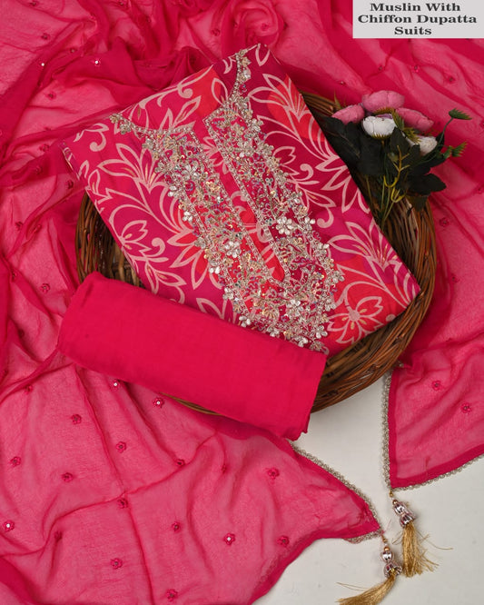 Premium Muslin Suit with Jardozi Neck & Chiffon/Modal Silk Dupatta (BCTMSCFG21)