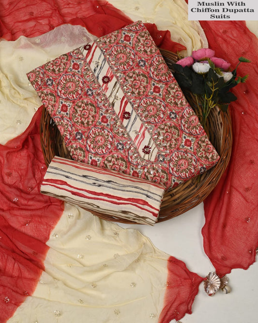 Premium Muslin Suit with Jardozi Neck & Chiffon/Modal Silk Dupatta (BCTMSCFG23)