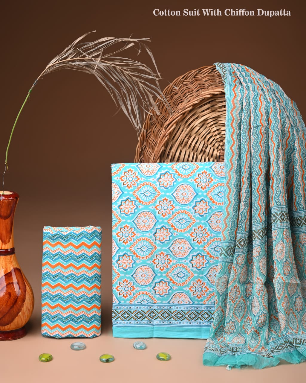 Traditional Bagru Print Cotton Suit with Chiffon Dupatta (BCTCOTCF37)