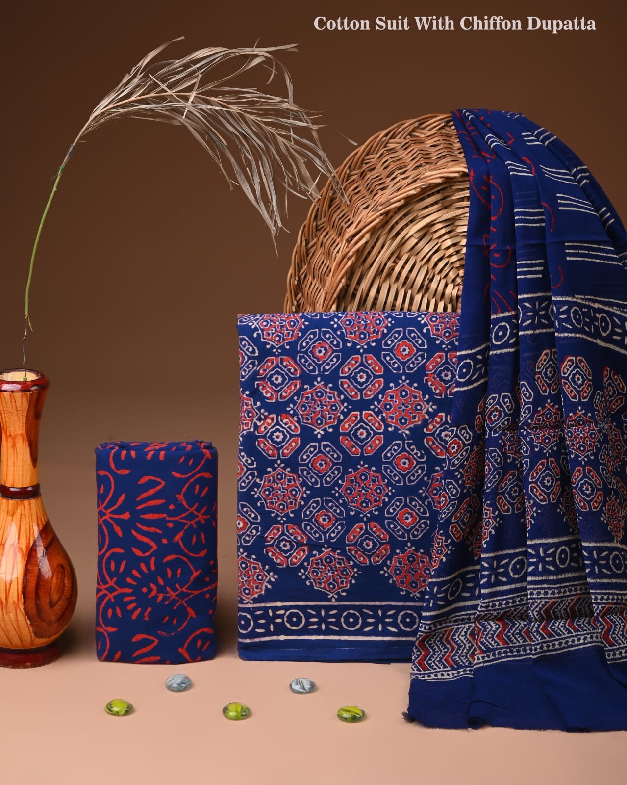 Traditional Bagru Print Cotton Suit with Chiffon Dupatta (BCTCOTCF36)