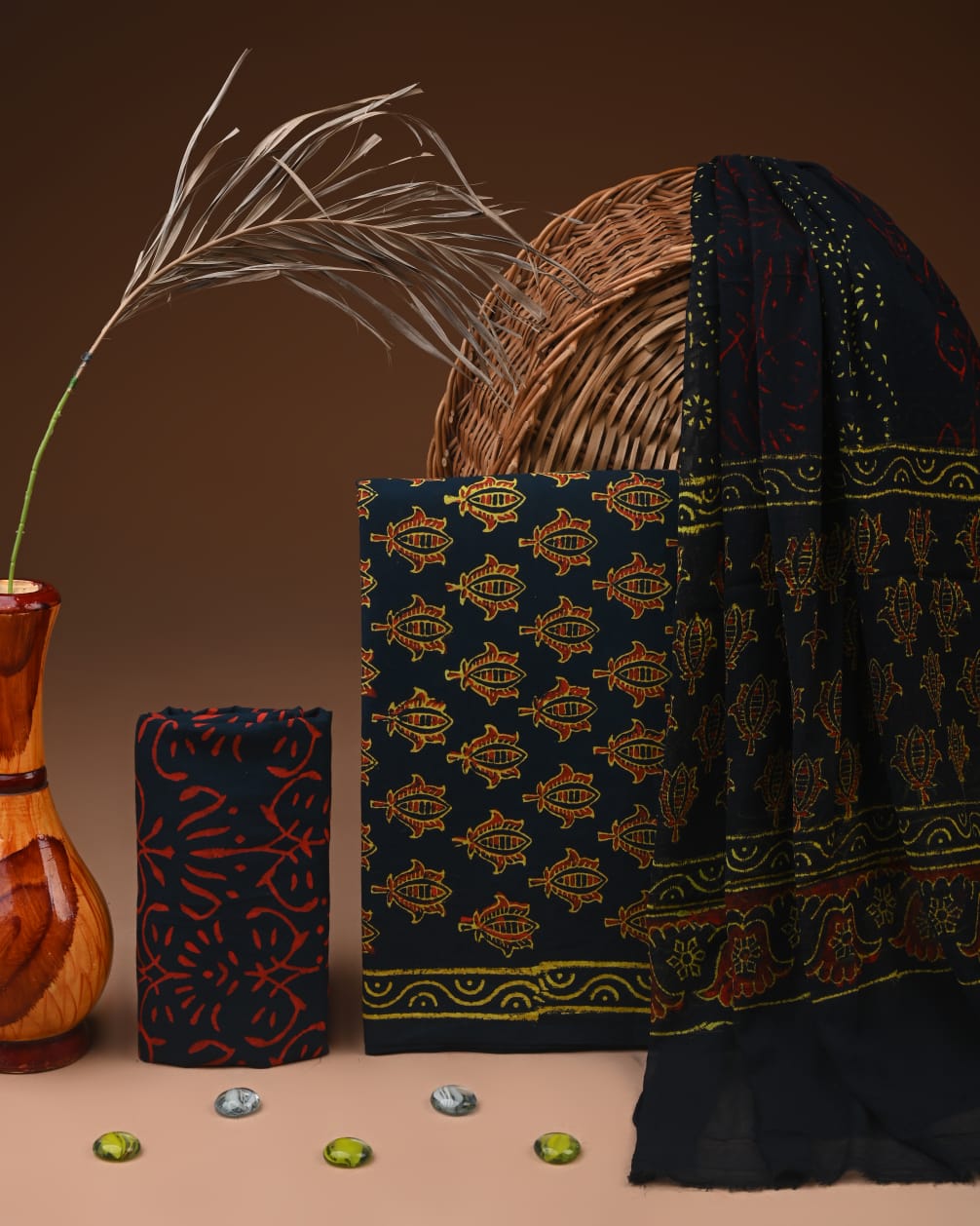 Traditional Bagru Print Cotton Suit with Chiffon Dupatta (BCTCOTCF27)