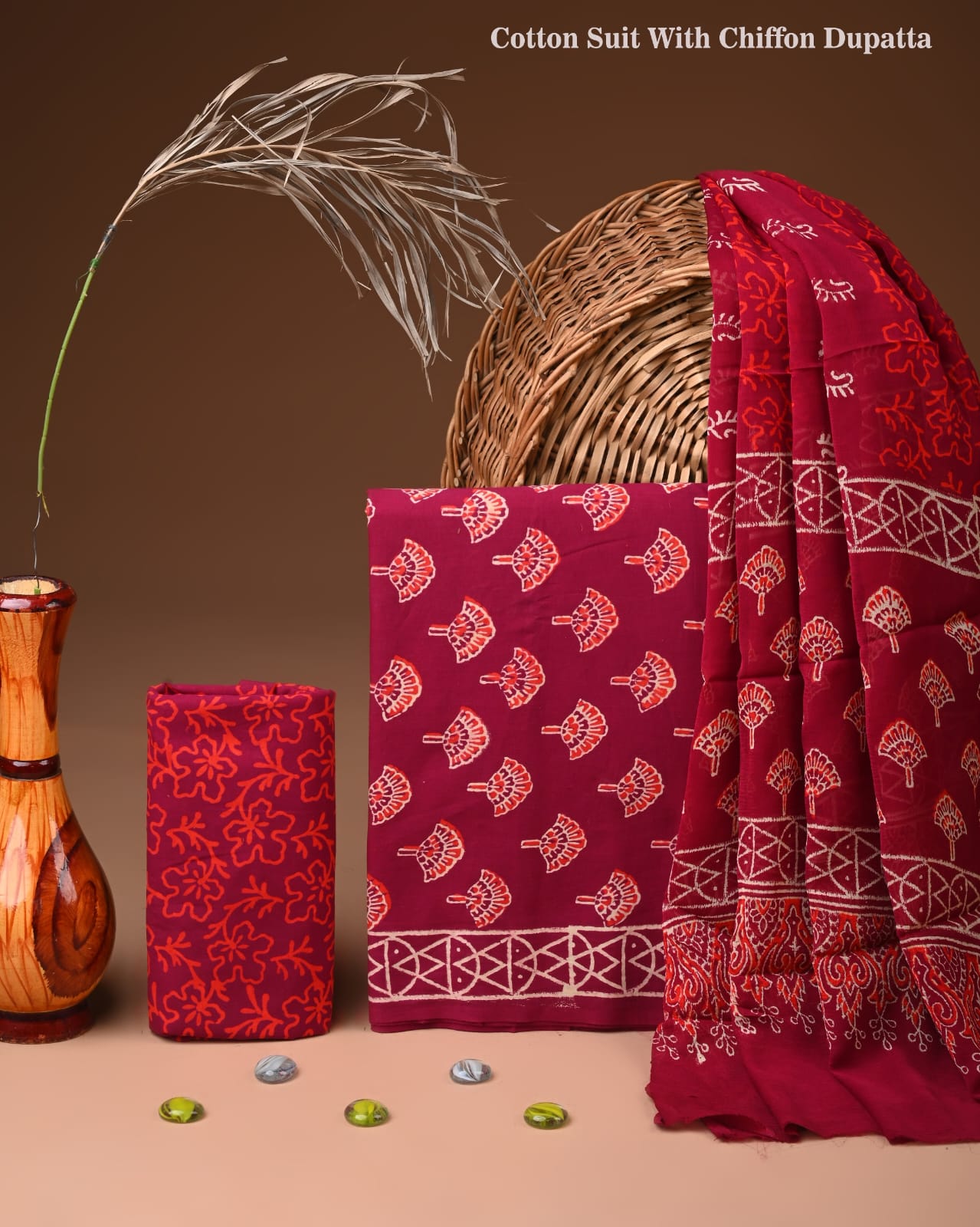 Traditional Bagru Print Cotton Suit with Chiffon Dupatta (BCTCOTCF24)