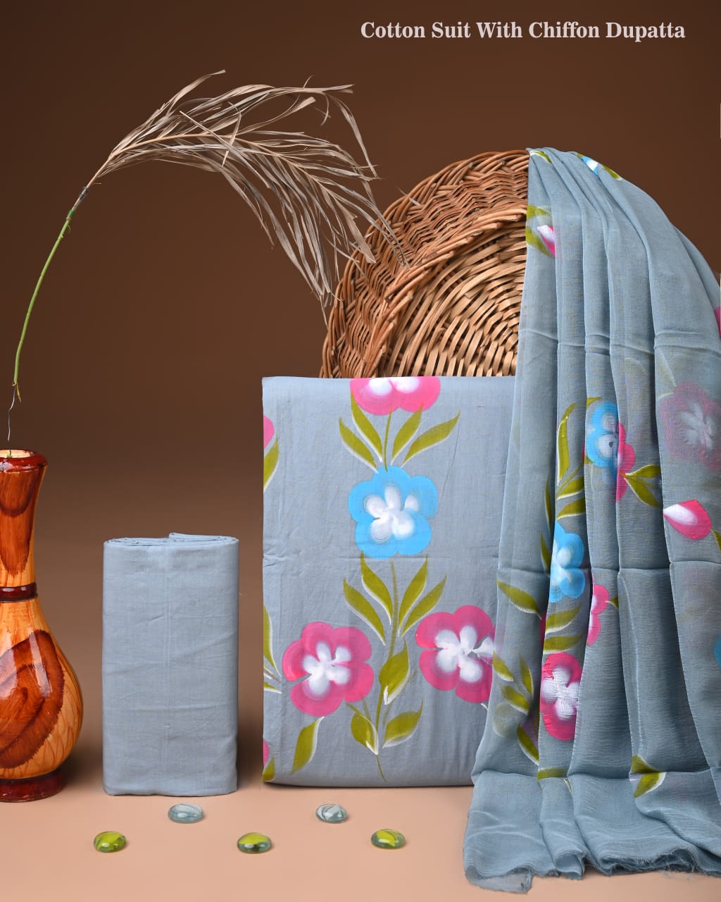 Traditional Bagru Print Cotton Suit with Chiffon Dupatta (BCTCOTCF33)