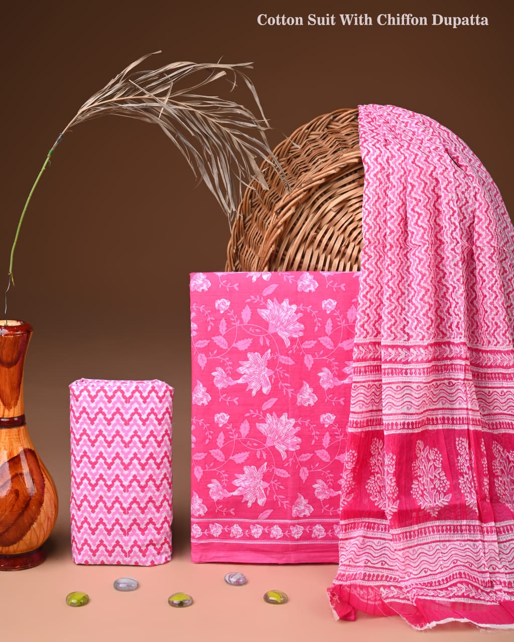 Traditional Bagru Print Cotton Suit with Chiffon Dupatta (BCTCOTCF34)