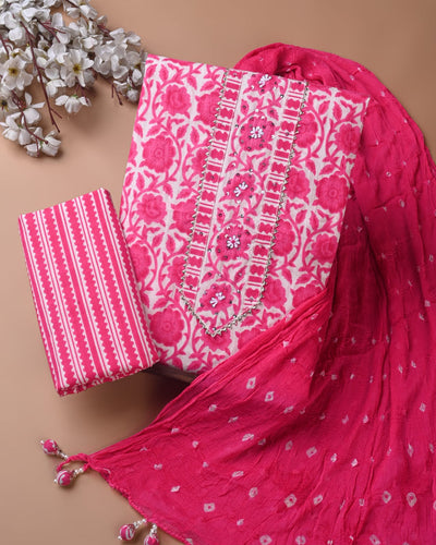 Premium Cotton Suit Set with Multicolor Neck & Zari Chiffon Dupatta (BCTCOTCFG51)