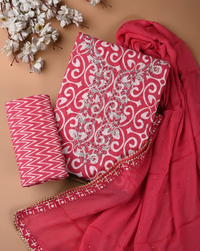 Premium Cotton Suit Set with Multicolor Neck & Zari Chiffon Dupatta (BCTCOTCFG52)