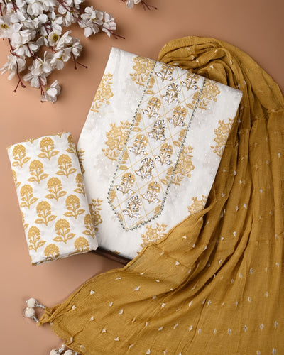 Premium Cotton Suit Set with Multicolor Neck & Zari Chiffon Dupatta (BCTCOTCFG53)