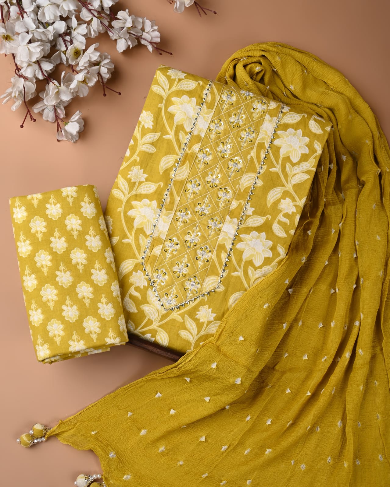 Premium Cotton Suit Set with Multicolor Neck & Zari Chiffon Dupatta (BCTCOTCFG54)