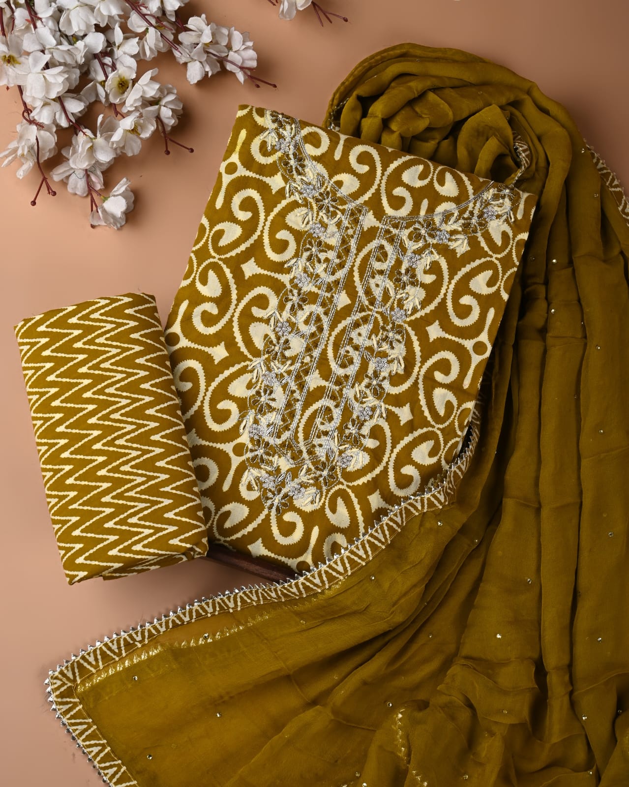 Premium Cotton Suit Set with Multicolor Neck & Zari Chiffon Dupatta (BCTCOTCFG55)