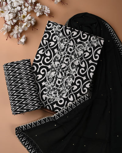 Premium Cotton Suit Set with Multicolor Neck & Zari Chiffon Dupatta (BCTCOTCFG56)