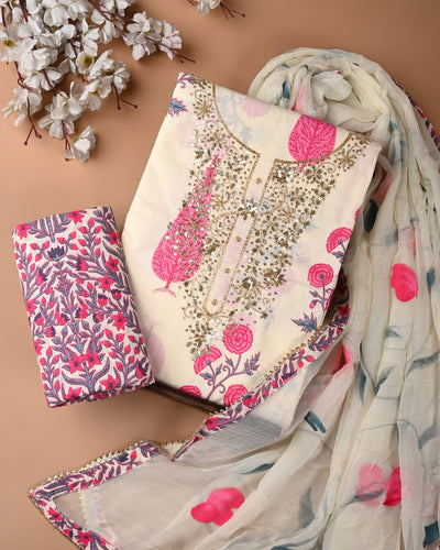 Premium Cotton Suit Set with Multicolor Neck & Zari Chiffon Dupatta (BCTCOTCFG57)