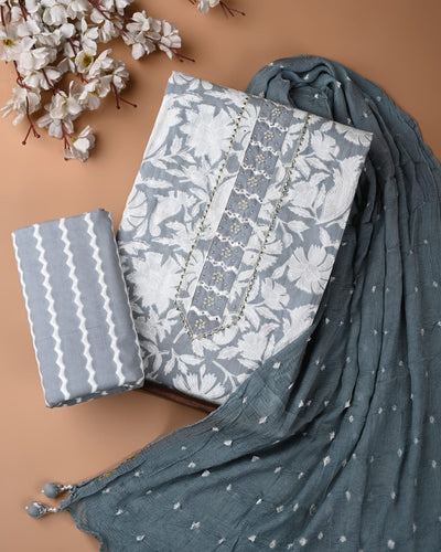 Premium Cotton Suit Set with Multicolor Neck & Zari Chiffon Dupatta (BCTCOTCFG59)