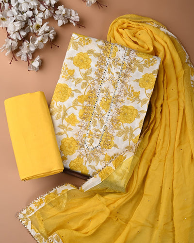 Premium Cotton Suit Set with Multicolor Neck & Zari Chiffon Dupatta (BCTCOTCFG58)