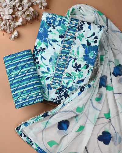 Premium Cotton Suit Set with Multicolor Neck & Zari Chiffon Dupatta (BCTCOTCFG67)