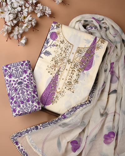 Premium Cotton Suit Set with Multicolor Neck & Zari Chiffon Dupatta (BCTCOTCFG68)