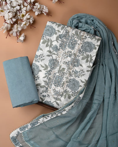 Premium Cotton Suit Set with Multicolor Neck & Zari Chiffon Dupatta (BCTCOTCFG66)