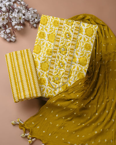 Premium Cotton Suit Set with Multicolor Neck & Zari Chiffon Dupatta (BCTCOTCFG70)