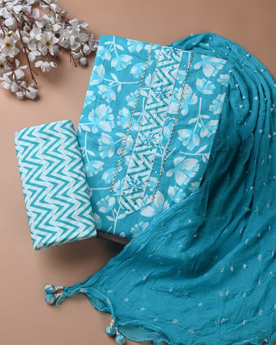 Premium Cotton Suit Set with Multicolor Neck & Zari Chiffon Dupatta (BCTCOTCFG71)