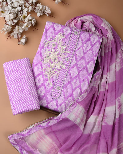 Premium Cotton Suit Set with Multicolor Neck & Zari Chiffon Dupatta (BCTCOTCFG69)