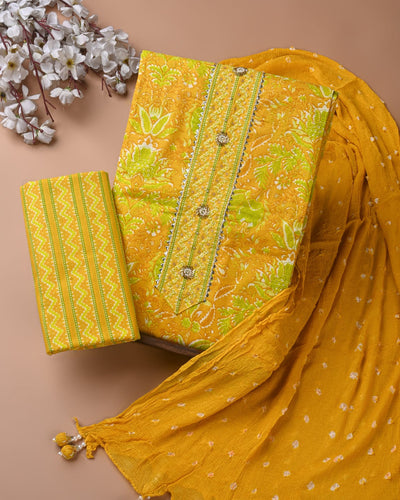 Premium Cotton Suit Set with Multicolor Neck & Zari Chiffon Dupatta (BCTCOTCFG73)