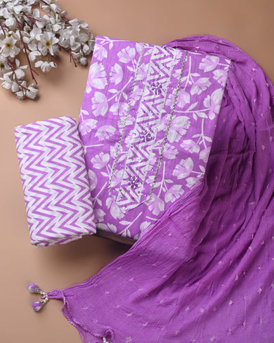 Premium Cotton Suit Set with Multicolor Neck & Zari Chiffon Dupatta (BCTCOTCFG72)