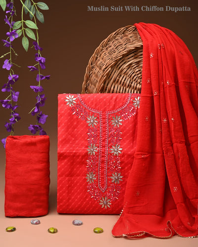 Premium Cotton Suit Set with Multicolor Neck & Zari Chiffon Dupatta (BCTCOTCFG03)