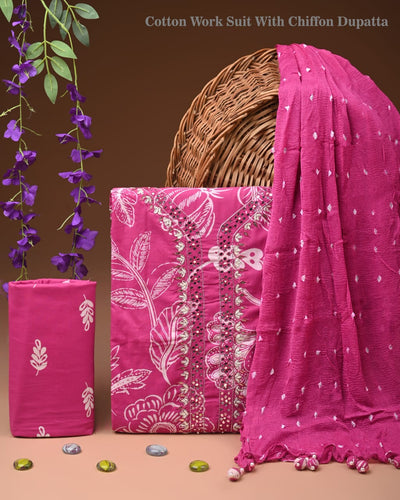 Premium Cotton Suit Set with Multicolor Neck & Zari Chiffon Dupatta (BCTCOTCFG04)