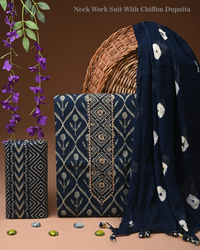 Premium Cotton Suit Set with Multicolor Neck & Zari Chiffon Dupatta (BCTCOTCFG05)