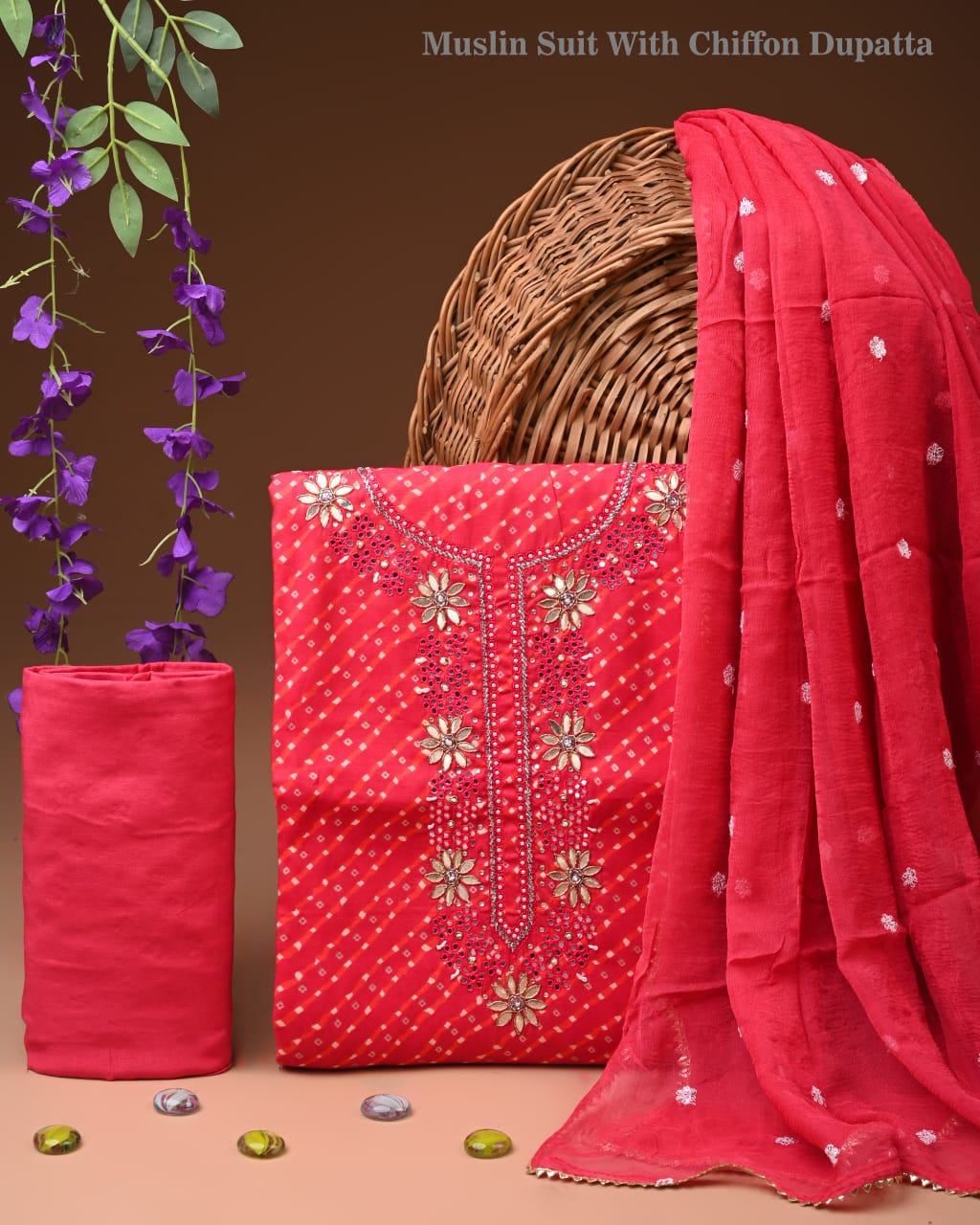 Premium Cotton Suit Set with Neck & Zari Chiffon Dupatta (BCTCOTCFG17)