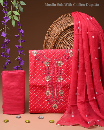 Premium Cotton Suit Set with Neck & Zari Chiffon Dupatta (BCTCOTCFG17)