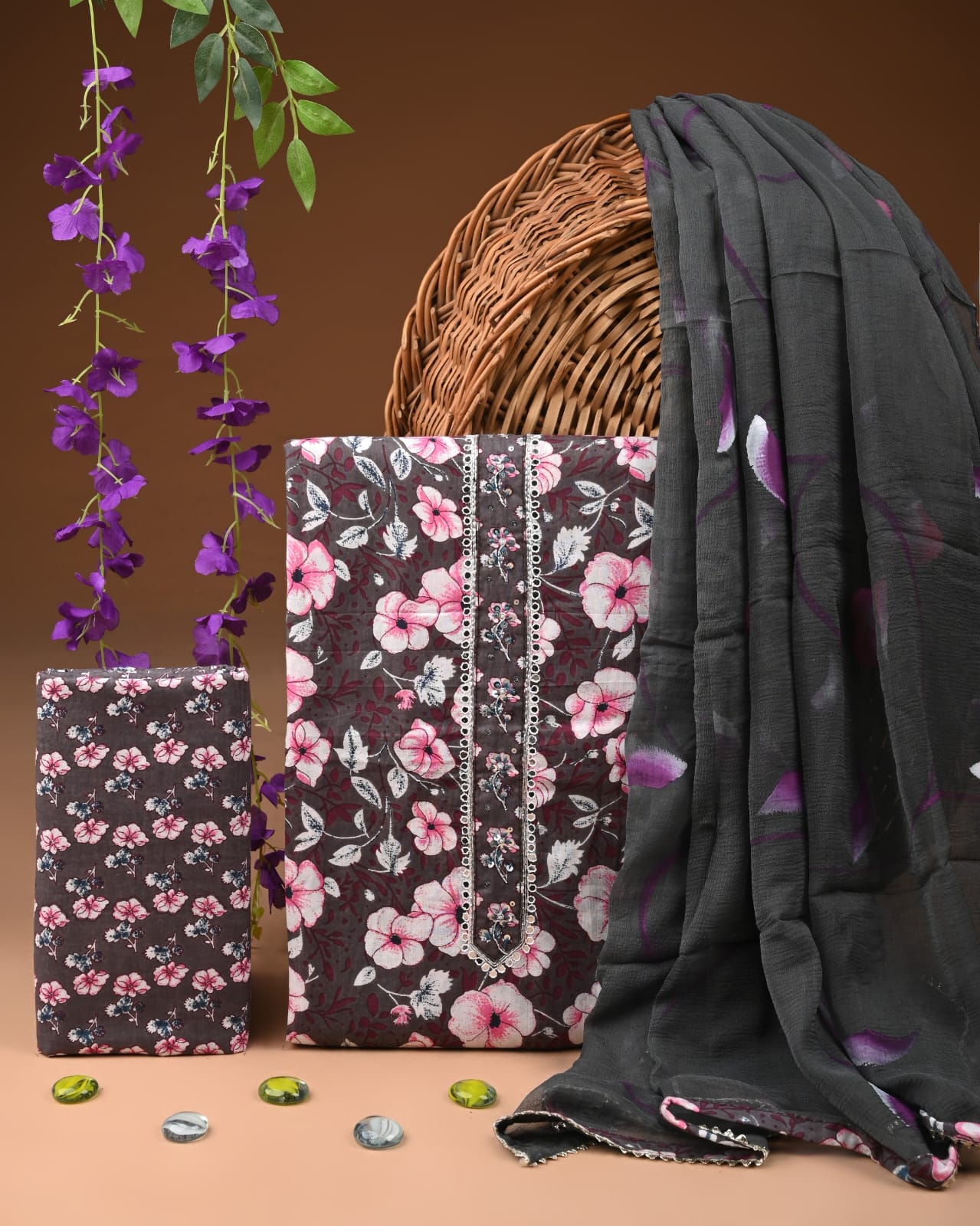 Premium Cotton Suit Set with Neck & Zari Chiffon Dupatta (BCTCOTCFG19)