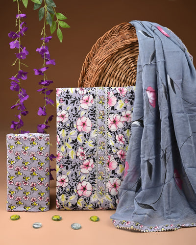 Premium Cotton Suit Set with Neck & Zari Chiffon Dupatta (BCTCOTCFG20)